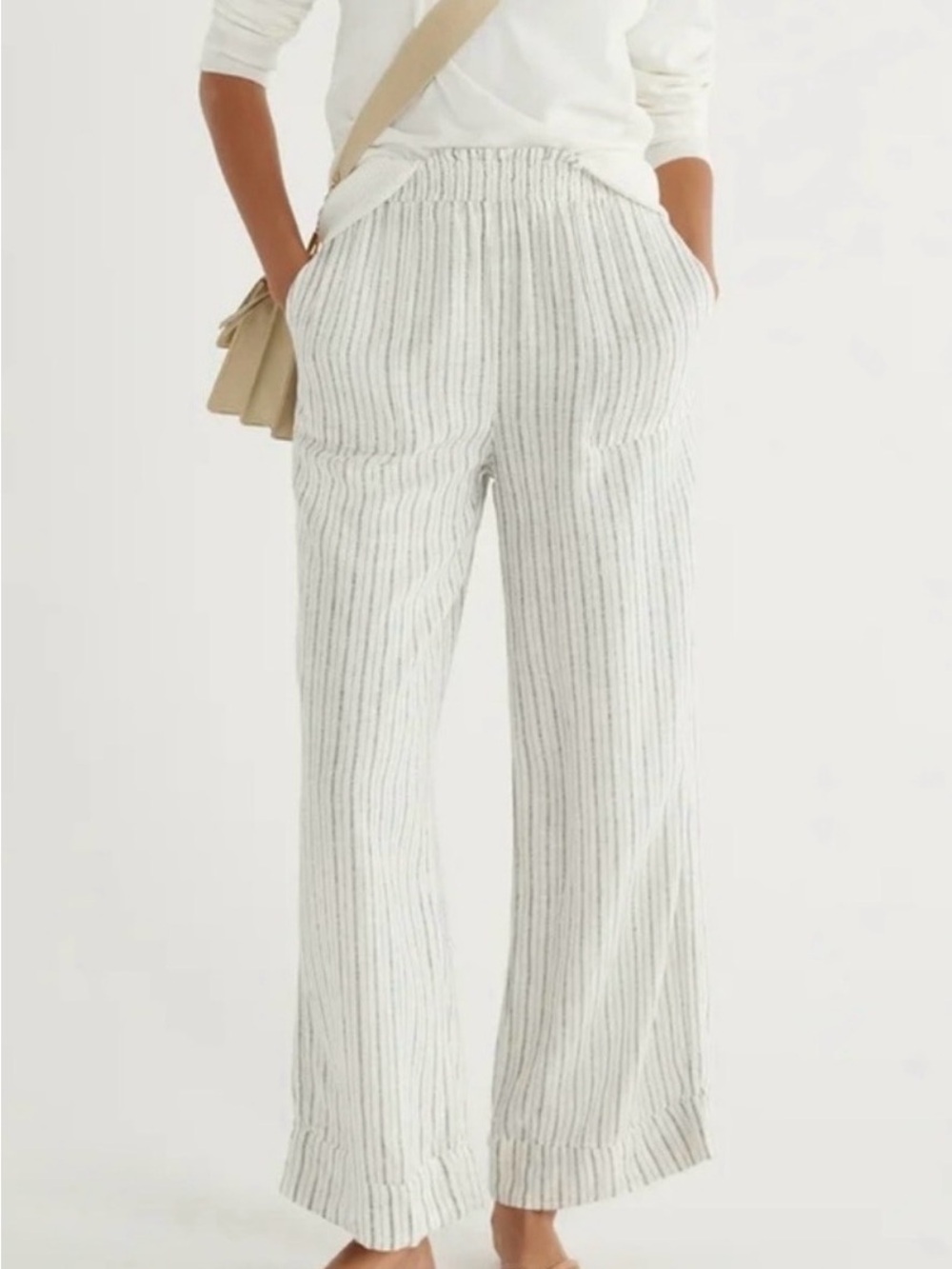 Women's Cream & Black Striped Smocked Waist Wide-Leg Linen Pull On Palazzo Pants